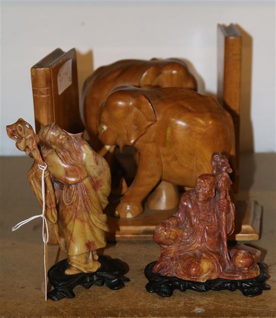 Pr carved wooden elephant bookends & 2 soapstone figural carvings